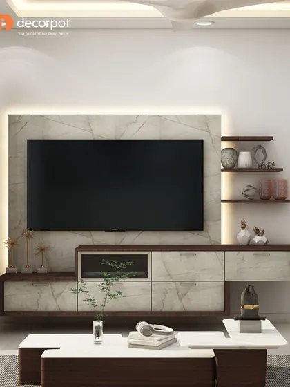 This floating TV unit uses a subtle marble-laminate finish for both the console and the back panel. The design is complemented by floating shelves, creating a light and airy entertainment space.