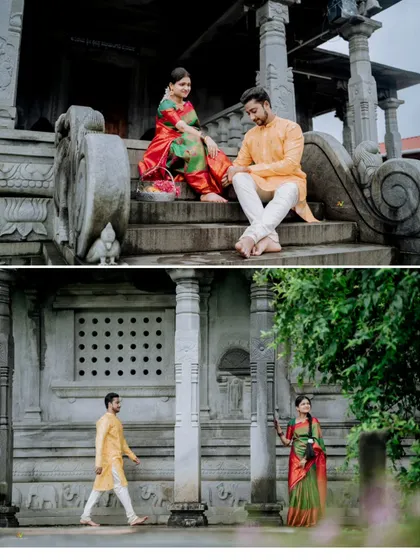 A collage showing different angles of a temple pre-wedding shoot, capturing both candid interactions and posed portraits against the stone architecture.