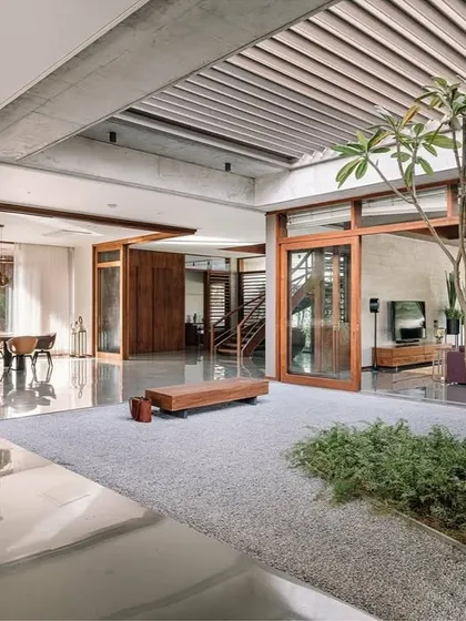 A minimalist indoor courtyard featuring a single tree planted in a bed of white gravel. This zen-like design element brings a sense of calm and nature into a large, open-plan living space with polished concrete floors.