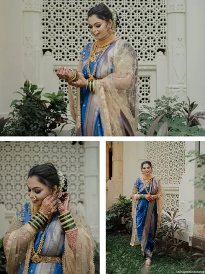 A collage showcasing the bride's preparations and final look in her stunning blue Nauvari saree. These individual portraits capture the elegance and anticipation before she joins her groom.