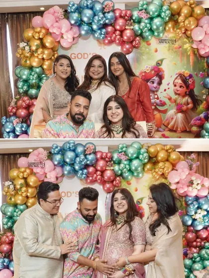 A beautiful family portrait from a Krishna-themed Godh Bharai. The vibrant balloon arch and traditional backdrop created the perfect setting for these cherished moments.