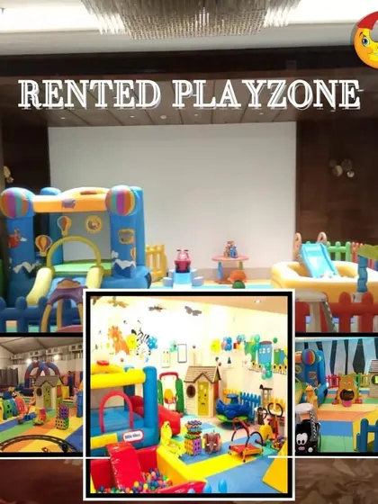 A collage of various rented playzone setups in what appears to be a hotel ballroom. This shows how I can adapt to different indoor venues, creating a safe and fun area for kids on any type of flooring.