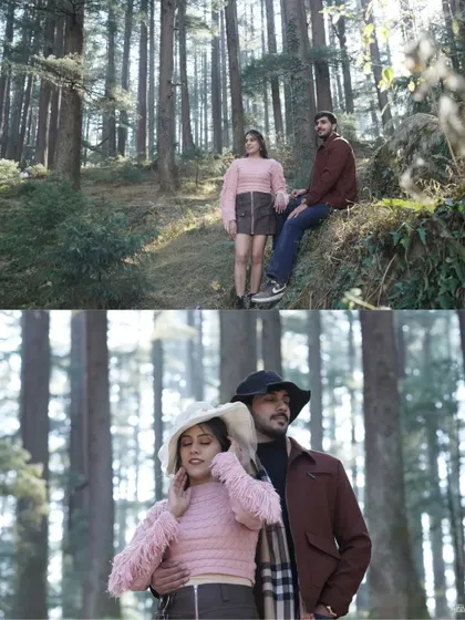 A two-part image capturing both a wide shot of the couple in the forest and a stylish close-up, showing different facets of their woodland shoot.