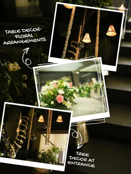 A collage of the table decor, floral arrangements, and tree decorations from Saumya and Digvijay's elegant cocktail night.