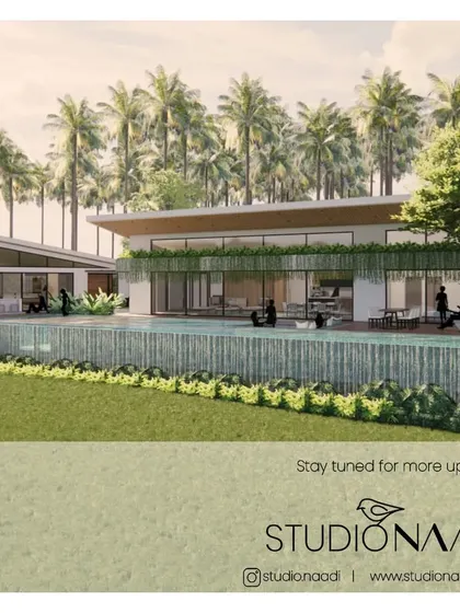 This image shows the three distinct zones of the waterfront house, unified by a shared design language and a central forecourt. The infinity pool and deck area serve as the heart of the home, connecting the different living spaces.
