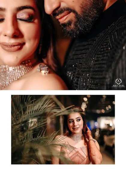 A collage blending a close-up of the couple's intimate moment with a solo portrait of the bride. This artistic approach tells a story of love and individual beauty.