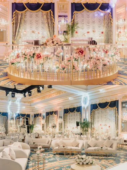 A collage showing the grand, circular bar and the luxurious white lounge seating from a regal welcome event.