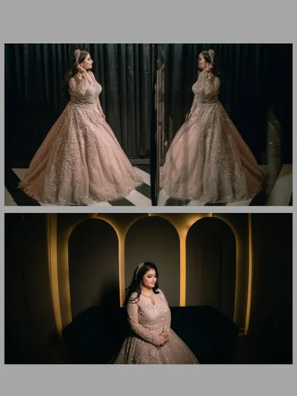 A stunning bridal portrait collage of Paromita. Her reflection in the mirror and her poised pose on the sofa highlight the regal elegance of her engagement gown and the beauty of the moment.