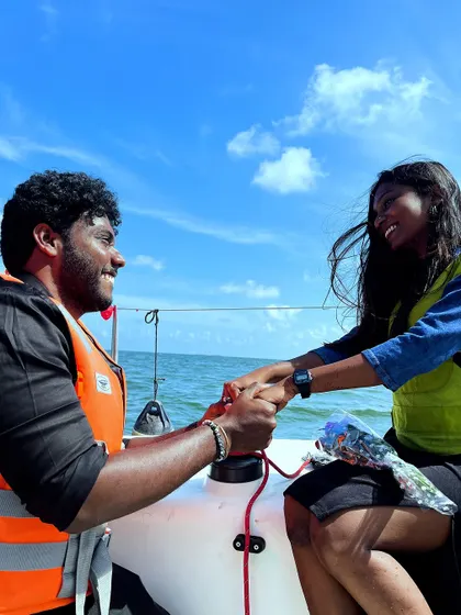 A beautiful proposal moment on a private yacht. The clear sky and open sea create a breathtaking backdrop for popping the big question.