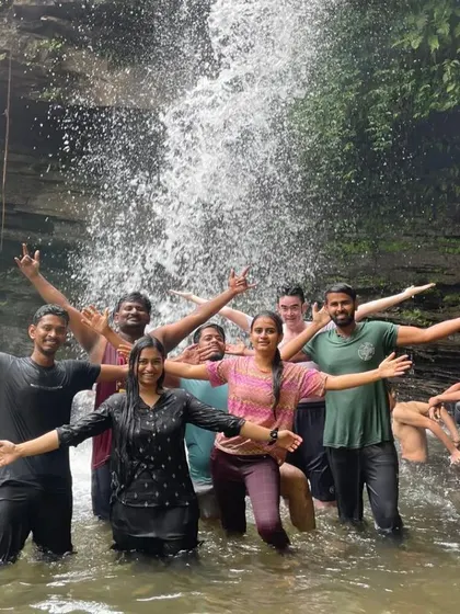 Pure joy at Soormane waterfalls, a highlight of the Nethravathi trip. After the trek, there's nothing better than this refreshing dip with the group.