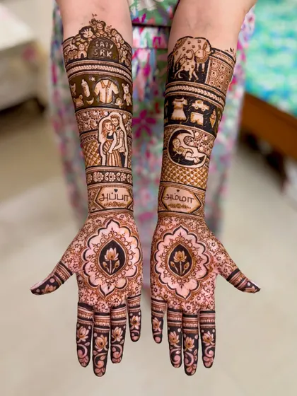 A complete view of the personalized baby shower mehendi with Tamil script, portraits, and symbolic imagery.