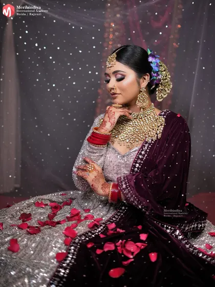 Another angle of the contemporary bridal look, emphasizing how the hairstyle works with the entire ensemble, including the heavy dupatta.