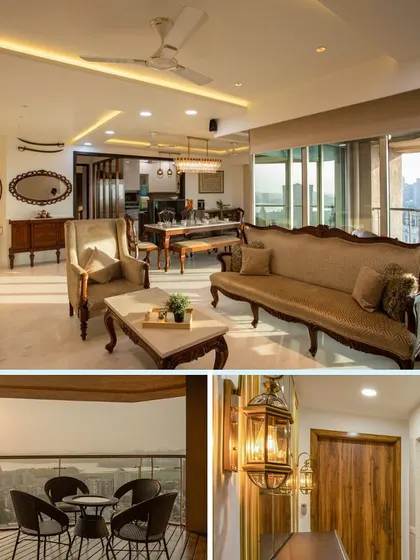 This collage focuses on the living room, with its traditional carved sofa, large windows with city views, and antique-style lighting.