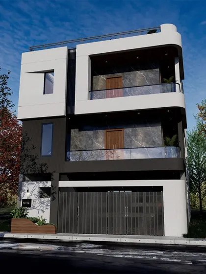 A 3D render of a contemporary home with a distinctive black and white exterior. The design features rounded corners, marble-clad balconies, and a sleek, minimalist gate, offering a bold and luxurious statement.