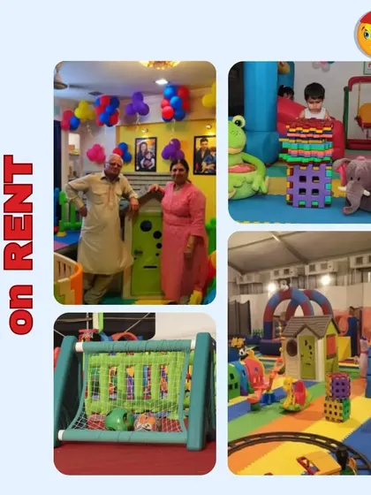 Playzone delivery on rent. This collage shows a variety of setups, including a home party with balloons, a large tented playzone, and a mini football goal, highlighting the convenience of my service.