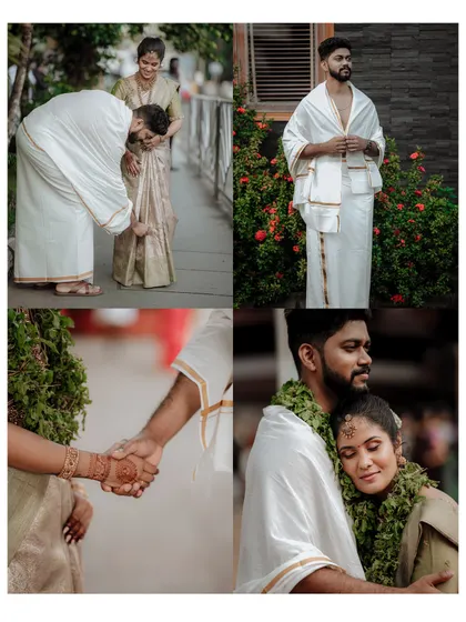 A collage showcasing key moments from a traditional Kerala wedding, including the groom seeking blessings, holding hands, and a tender embrace.