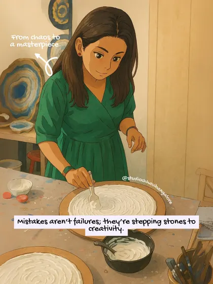 This Ghibli-style art shows me in my studio, with the message that mistakes aren't failures; they're stepping stones to creativity.