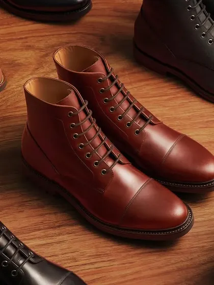 A top-down view of the Hanker Boots collection. This kind of flat lay is great for showing the variety of styles and colors available, all arranged on a warm wooden background that unifies the collection.