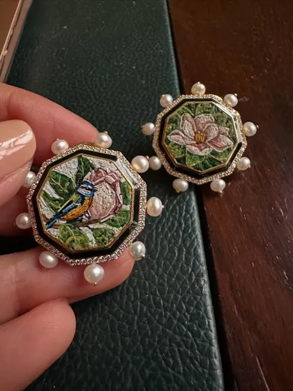 The sharp and stylish Sharvari wearing my magnolia eartops. These micromosaic pieces, framed with pearls, offer a unique blend of classic art and modern design.