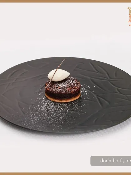 Our doda barfi treacle tart, a signature dessert featured during our pop-up at Spice Lab Tokyo.