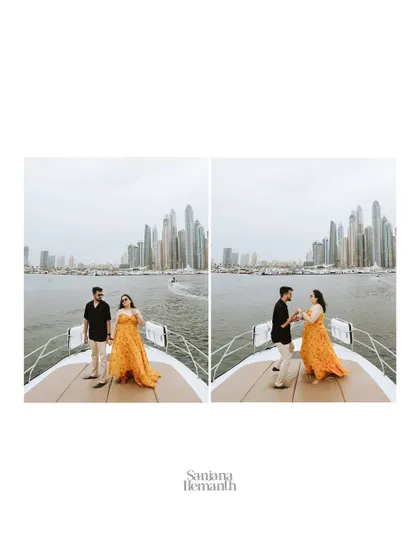 A beautifully composed diptych from a pre-wedding album layout, showing the couple on the yacht, capturing their story in a timeless format.