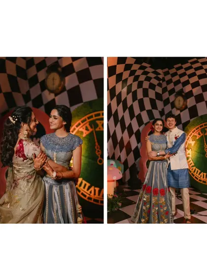 A collage of happy moments from the Wonderland-themed Mehndi. It captures the couple's joy and the fun interactions with family, all within the magical world I created.