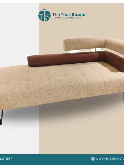 The epitome of comfort and style. This unique lounger features a distinctive design with separate backrests, upholstered in a mix of textured beige fabric and smooth brown leatherette for a sophisticated, modern look.