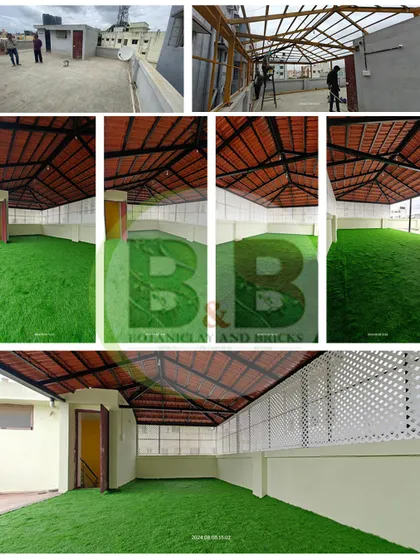 An empty rooftop in Ramamurthy Nagar becomes a usable, all-weather space. This collage shows the complete process of installing a traditional Mangalore tile pergola and laying down lush artificial grass for a low maintenance, beautiful finish.