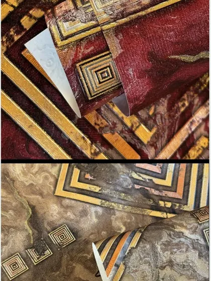 Close-up shots of two bold geometric wallpapers in red and brown with metallic accents.