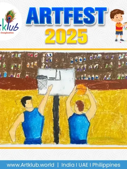 A junior artist's drawing of a basketball game. The two players are shown in action, with one about to shoot the ball.