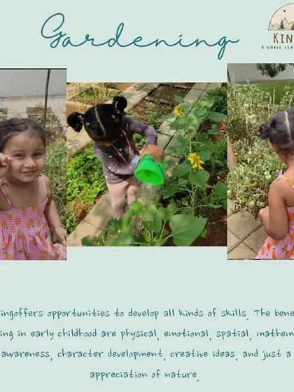 Gardening offers opportunities to develop physical, emotional, and even mathematical skills. Here, a child proudly shows off a seed she found while tending to our sunflowers.