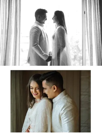 A mix of color and black and white portraits, showing the couple's connection through natural window light. These photos have a soft, intimate, and timeless quality.