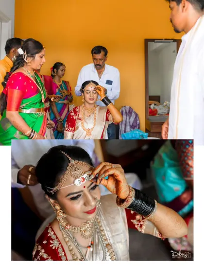 The final touches being put on the bride's makeup and jewelry before her wedding ceremony.