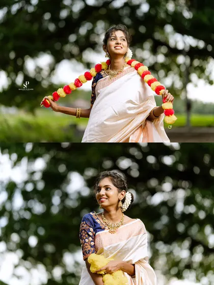A joyful moment from our Onam series. The model is wearing a simple and elegant gold-finish jewellery set that is available for rent.