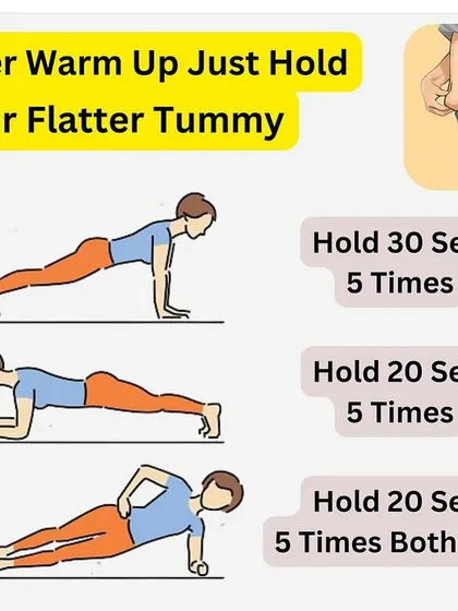 A simple but powerful guide focusing on plank variations to hold after your warm up for a flatter tummy.
