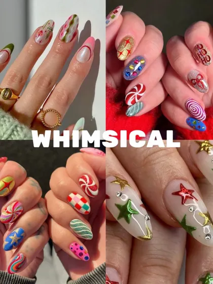 December Nails Inspo, for a "Whimsical" vibe. This collage is full of fun, colorful, and imaginative designs like candy swirls, stars, and playful patterns.