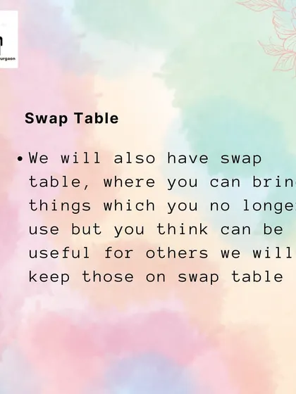 An invitation to our August meet-up, highlighting the swap table. This encourages a culture of sharing and ensures useful items continue to be valued rather than discarded.