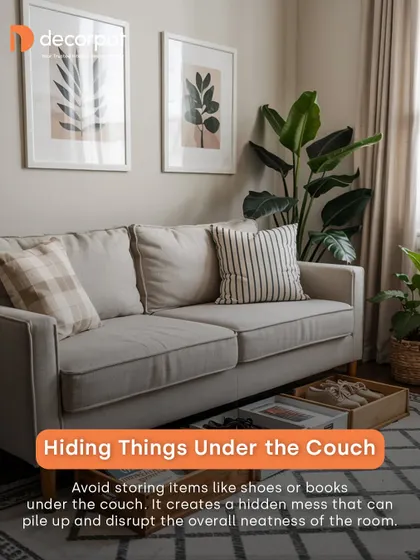 One tip for a clutter-free living room is to avoid hiding things under the couch. I recommend investing in closed storage solutions to maintain a neat and organized space.