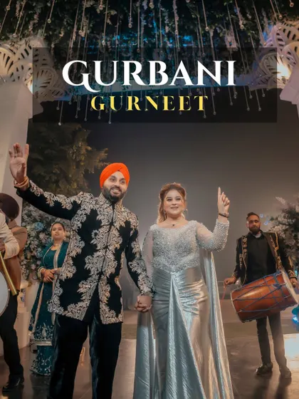 Gurbani and Gurneet make a grand entrance with dhol players. This high-energy shot captures the fun and excitement of a Punjabi celebration.