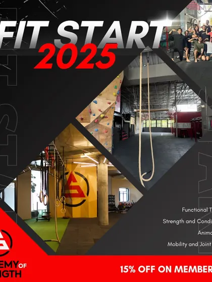 Our Fit Start 2025 offer graphic, detailing the 15% discount on memberships and highlighting our core offerings: Functional Training, Strength and Conditioning, Animal Flow, and Mobility.