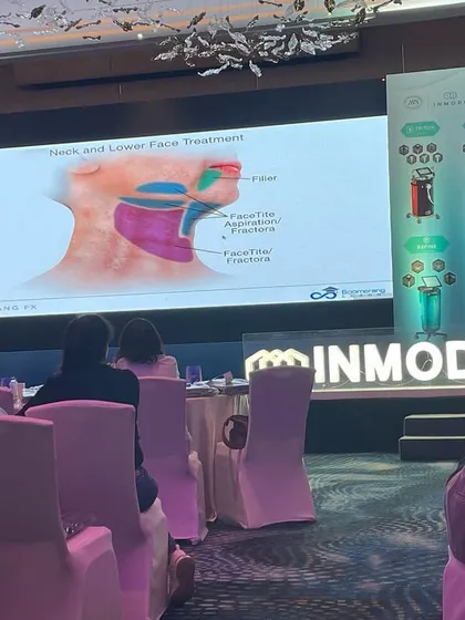 Here I am at a presentation for InMode, a leader in radiofrequency (RF) technology. I am always exploring advanced, non-invasive options like bipolar RF for face and neck skin tightening to complement my surgical procedures.
