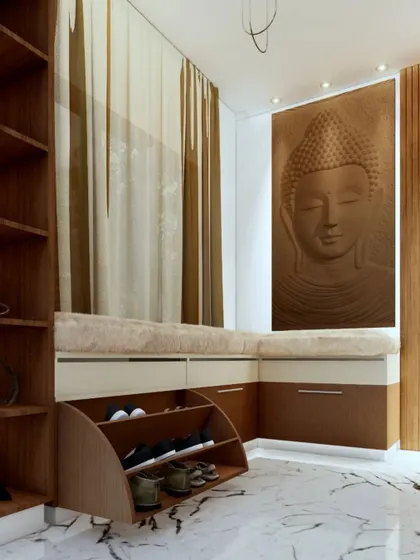 A detailed look at the foyer's shoe storage solution, which is cleverly integrated into the L-shaped seating bench.