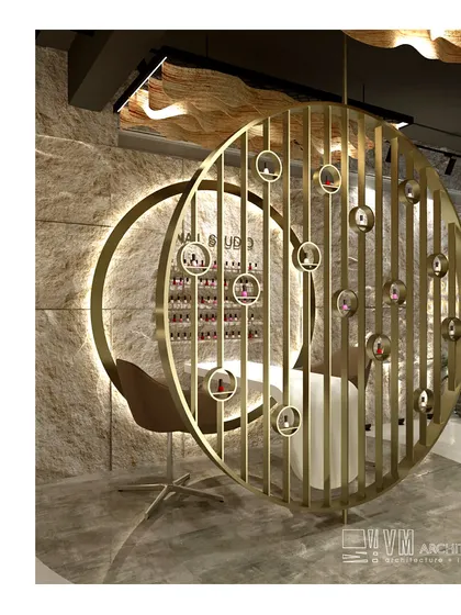 Detail of the nail studio within Azhak Makeover Studio. This sculptural, back-lit partition acts as both a functional display for products and a stunning art piece, demonstrating how I integrate brand needs into unique architectural features.