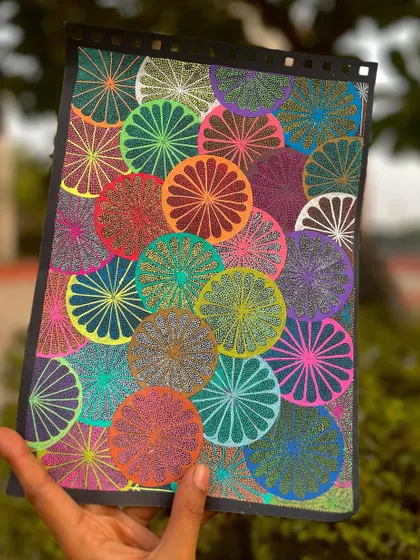A playful piece filled with colorful citrus slices created with the dot art technique. It's a fun and zesty design that's sure to brighten any room.