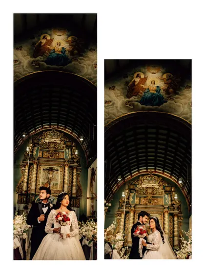 A diptych of the couple inside a grand church with a painted ceiling. These shots capture the magnificent architecture and the couple's presence within it.