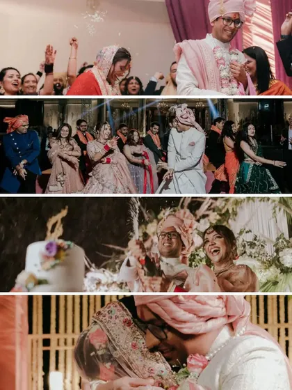 A collage of reception moments, from dancing and cake cutting to a romantic kiss, capturing the celebratory atmosphere.