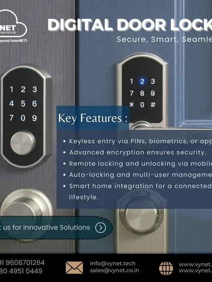 This graphic details the key features of my digital door lock installations. They provide keyless entry via PINs or apps, use advanced encryption for security, and allow for remote locking and unlocking through your mobile device.