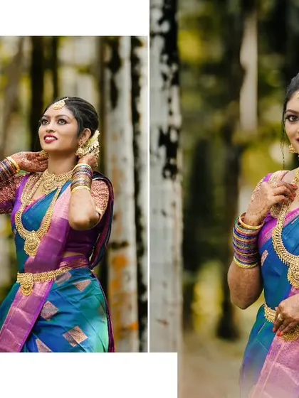 A diptych of bridal portraits set in a beautiful forest, showcasing the bride's elegance against a natural backdrop.
