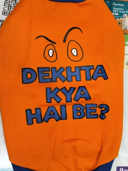 A full view of the fun and bold "Dekhta Kya Hai Be?" dog t-shirt. It is made from comfortable fabric and is available in all sizes.