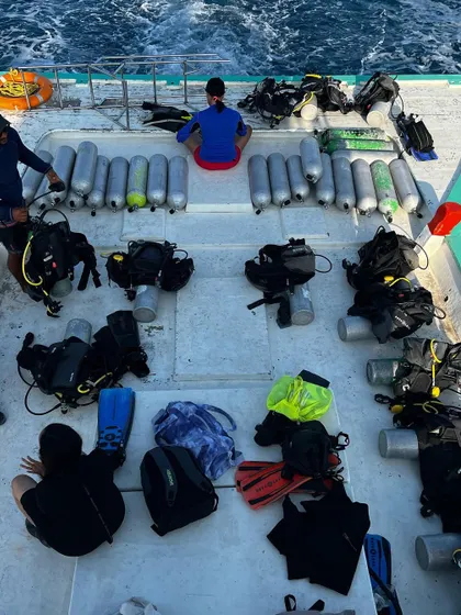 Geared up and ready for another dive. Our partners at Atoll Scuba ensure a safe and professional experience, with all equipment provided for a day of underwater exploration.